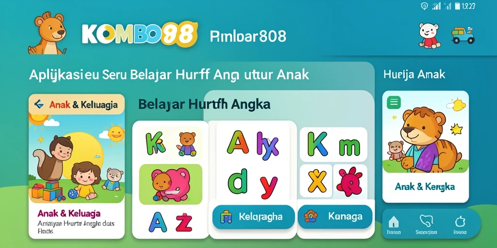 Tampilan antarmuka KOMBO88 yang cerah dan menarik untuk belajar huruf dan angka.